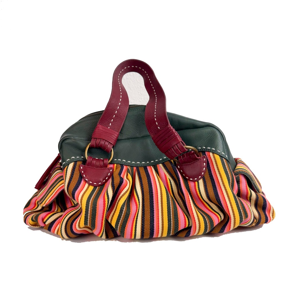 Loulou de la Falaise Striped Canvas Leather Satchel Handbag Green Burgundy Multi